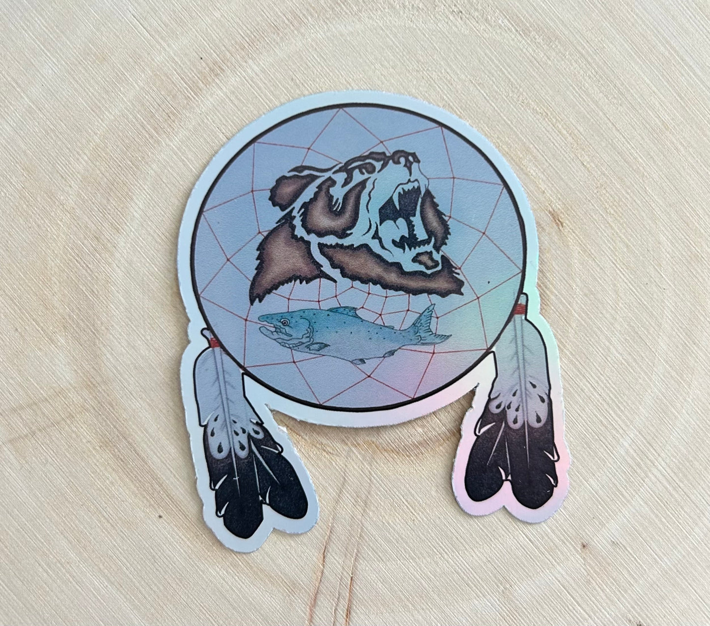 Holographic Bear/Salmon Sticker with Dreamcatcher